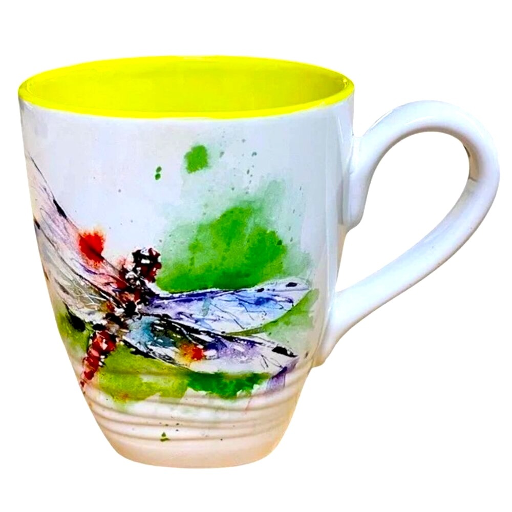 DEAN CROUSER stoneware magical Dragonfly coffee mug 12oz EUC watercolor artwork